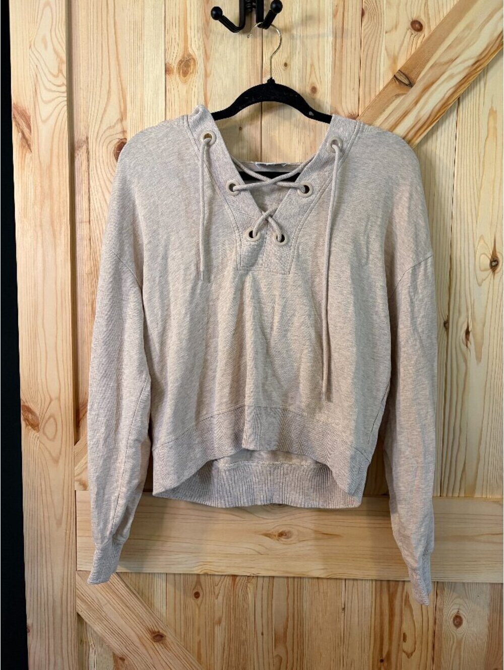 Sundays Beige Lace-Up Hooded Pullover Sweatshirt XS